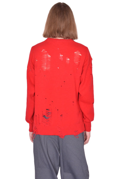 CHARLES JEFFREY LOVERBOY DISTRESSED LOGO KNIT SWEATER RED FW25 