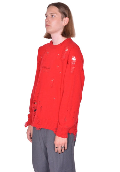 CHARLES JEFFREY LOVERBOY DISTRESSED LOGO KNIT SWEATER RED FW25 