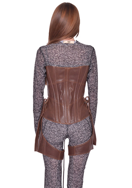 KNWLS VEIL LEATHER CORSET BROWN BURN SS25 | DOSHABURI Online Shop