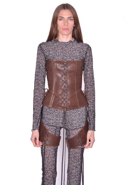 KNWLS VEIL LEATHER CORSET BROWN BURN SS25 | DOSHABURI Online Shop