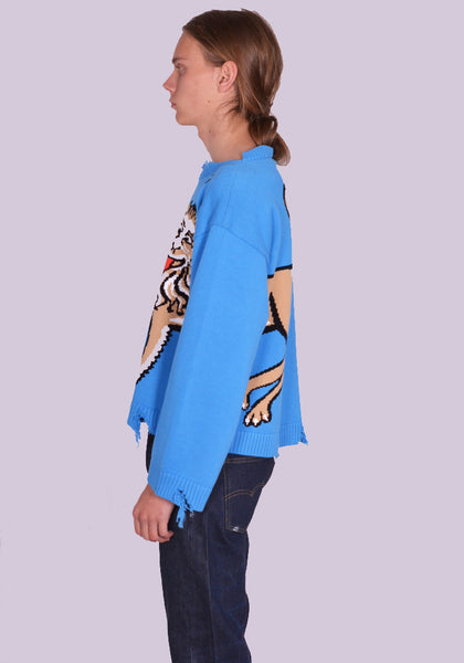 CHARLES JEFFREY LOVERBOY 43090201 UNISEX SLASH KNITTED SWEATER BLUE SILLY LION SS24
