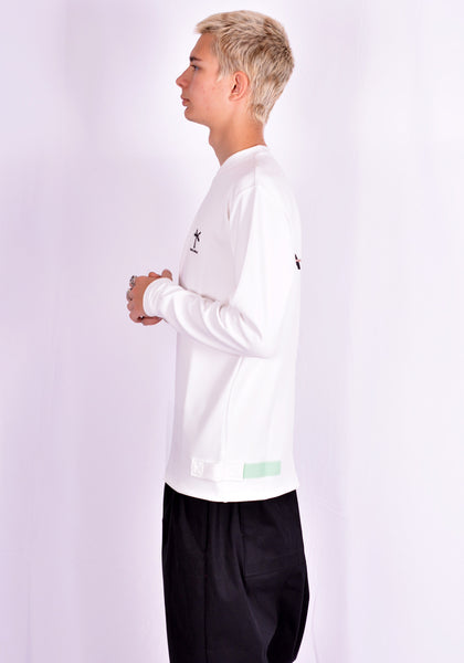 Made of the fabric of swimwear, Mens long sleeve T-shirt in white featuring a crew neck, long sleeves, a small logo embroidery at chest, text print at back and Velcro side straps